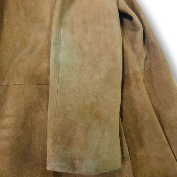 Vintage Suede Leather Fur-Trim Collar Button Front Swing Coat Mustard Ochre 8 - Picture 9 of 11